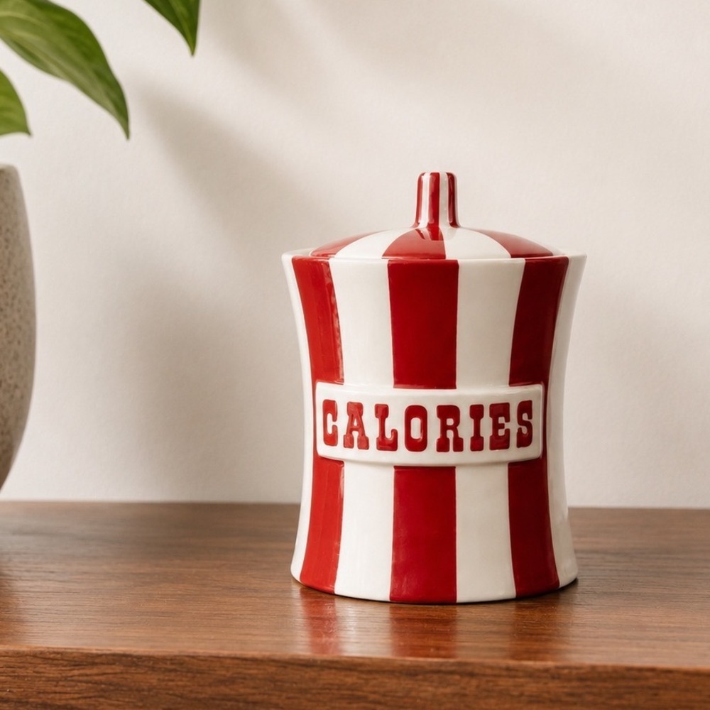 Retired Jonathan Adler Vice Calories Red White Stripe Porcelain Canister Jar